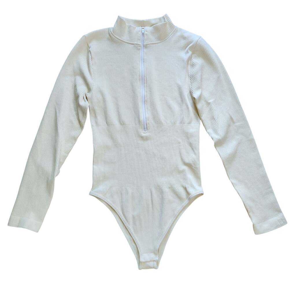Cream ribbed bodysuit zip-front long sleeve size M